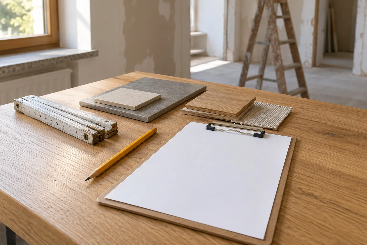 Gliedermaßstab, Stift, unbeschriftetes Klemmbrett und Materialmuster auf einem Holztisch.